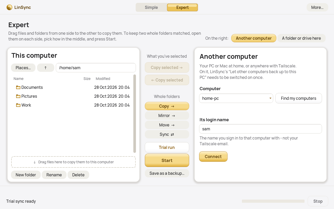 Expert mode before connecting: the right side asks for the other computer's name and login, with Find my computers and Connect buttons.