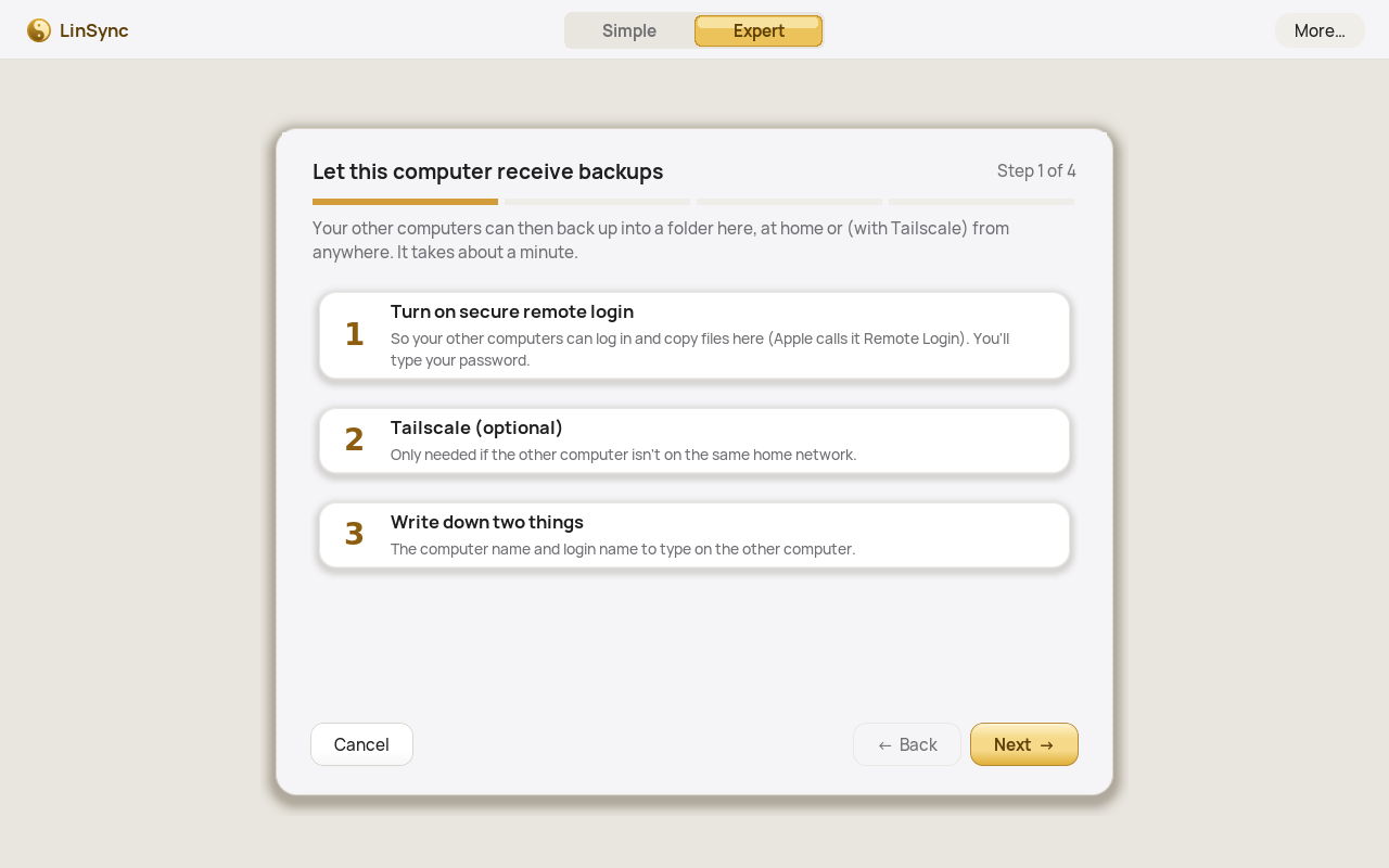 The 'Let this computer receive backups' wizard, step 1 of 4: turn on secure remote login, Tailscale (optional), write down two things.