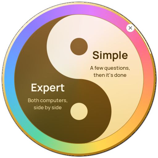 LinSync's start screen: a gold yin-yang inside a rainbow ring. The light half says Simple, a few questions then it's done. The dark half says Expert, both computers side by side.