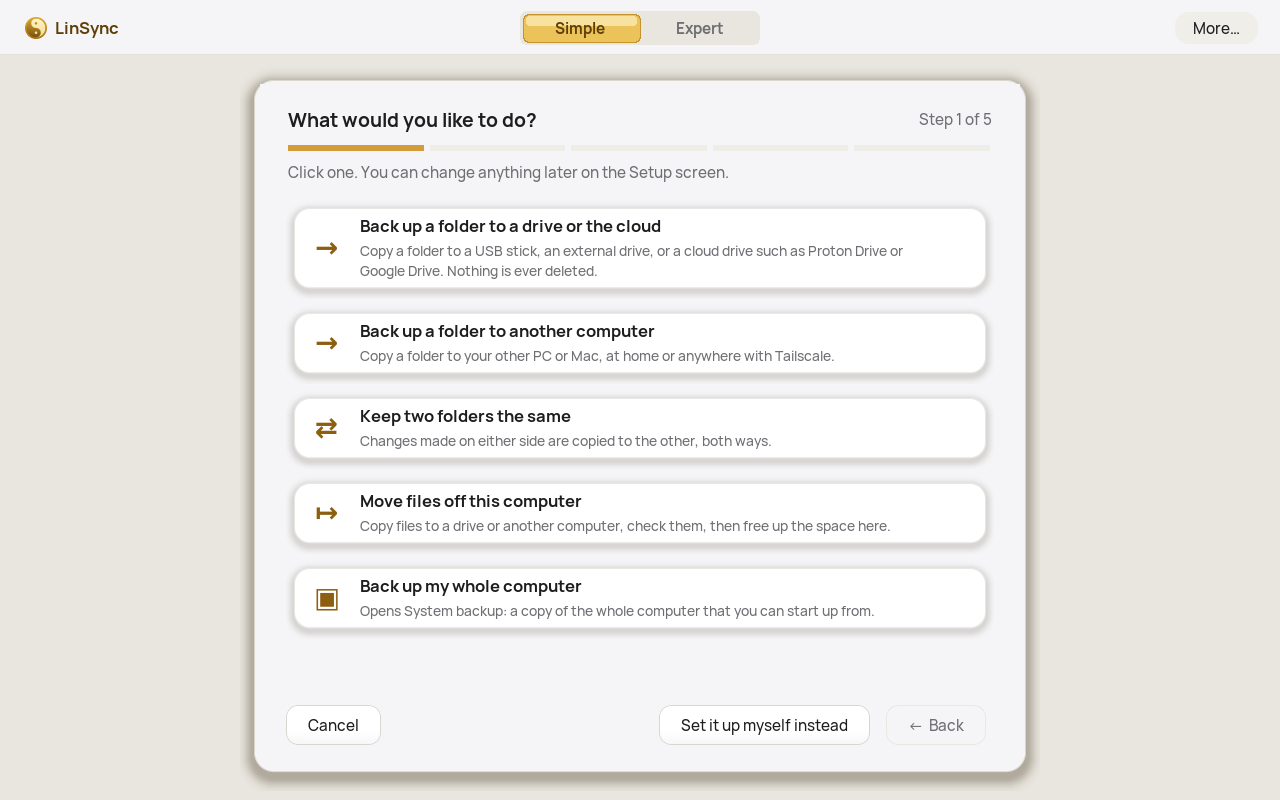 The wizard, step 1 of 5: What would you like to do? Five choices are listed.